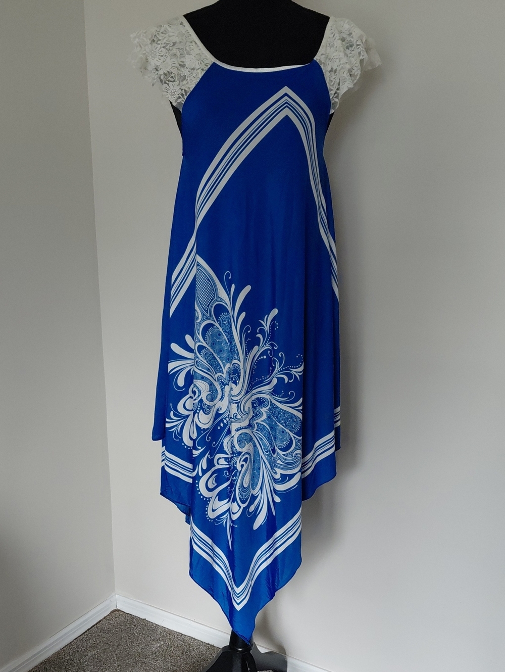 Julia Silk Blend Handkerchief Hem Midi Dress Blue White Mandala Boho L/xl NWT